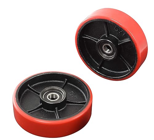 Pallet Jack/Truck Full Set with Axles, Steering Wheels 7'x 2' Pair with Front Load Roller 3' x 3.75' Pair with Bearings ID 20mm Poly Tread Red with Entry Exit Roller and Protective Caps - Poueer