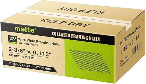 meite 28 Degree Framing Nails, Offset Round Head 2-3/8-Inch × .113-Inch Bright Coated Wire Weld Collated Nails Smooth Shank Framing Nails for Framing Nailer Gun (2,000 PCS) - Poueer