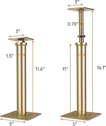 4 Pcs Adjustable Foundation House Floor Jacks Post for Leveling, 11' - 16' Height Range, Screw Jacks for Temporary Or Permanent Support, Heaty Duty Metal Galvanized, Load 6500lbs to 8850lbs(Each) - Poueer
