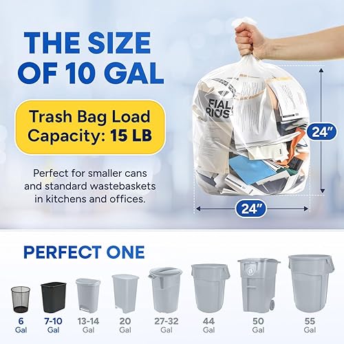 PLASTIC PRINCE) 7-10 Gallon Trash Bags, Small Office Trash Bags, 8 Mic Wastebasket Liners, 24' x 24' Clear Garbage Bags for Office Trash Cans Kitchen Bathroom, Pack of 1000 - Poueer
