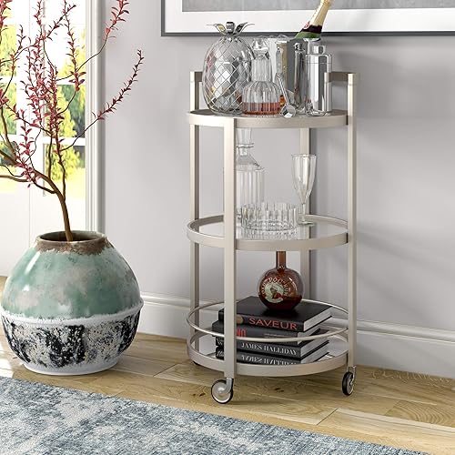 Henn&Hart 21' Wide Round Bar Cart in Satin Nickel, Bar Carts for the Home - Poueer