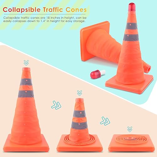 ERKOON 4 Pack 18 inch Collapsible Traffic Cones with Bag, Safety Cones with 4 LED Safety Road Parking Cones Driving Construction Cones Fluorescent Orange Pop Up Reflective Safety Traffic Cones - Poueer