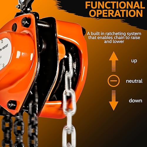 SuperHandy Manual Chain Block Hoist Come Along 1/2 Ton 1100Lbs Capacity 10 Foot Lift 2 Heavy Duty Hooks Industrial Grade Steel Construction Building Garages Warehouse Automotive Machinery - Poueer
