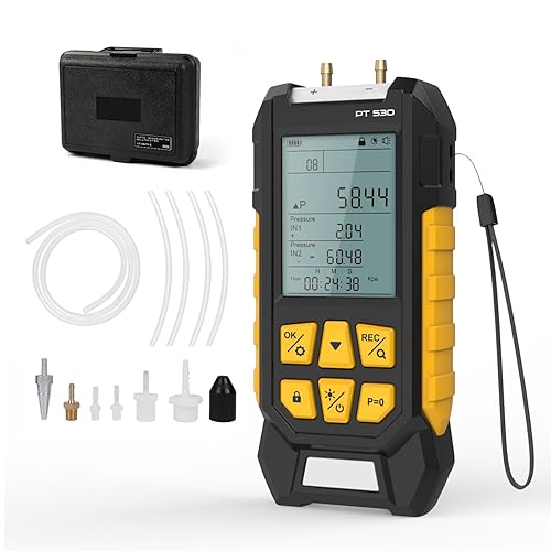 PT530 Digital Manometer,Air and Gas Pressure Tester,Dual Differential Digital Manometer,-100 to 300 Kpa Measurement Range,10 Pressure Units,Data Locking,Storage and Flashlight - Poueer