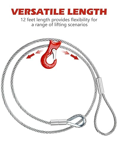 12FT Single Leg Wire Rope Sling 1.6t/3500Lbs Rated Load, 12 Feet Length, 1/2' Diameter, with 3/8' - 1/2' Sliding Choker Hook WLL 1.6t - Poueer