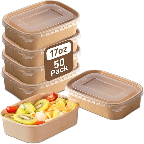Paper Food Containers with Lids [50 pack] 35 oz Kraft Paper Meal Prep Containers with Lids, Microwavable and Freezer Storage Use Cardboard Food Containers, Disposable Take Out Containers - Poueer