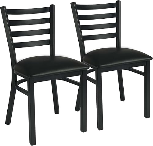 Commercial Restaurant Chair, Black Metal Ladder-Back Chair, Black Vinyl Seat, (Set of 2) (32Q-194) - Poueer