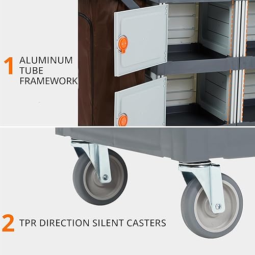 Commercial Janitorial Cart with 4 Cabinet, Hotel Cart Housekeeping Room Service Cart Hand Push Utility Cart with Wheels, Cleaning Cart with Wheels and Large Capacity Vinyl Bag, Housekeeping Carts - Poueer