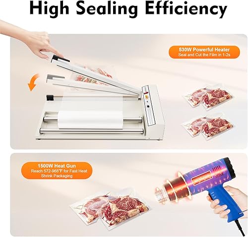 Heat Sealer Machine 24Inch, 530W Powerful Heater Packaging Sealing Machine with 1500W Heat-gun, Temperature Adjustable Wrap Bag Sealers - Poueer