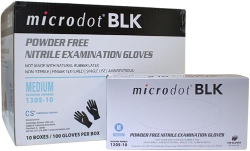 microdot BLK Black Nitrile Exam Gloves | Latex and Powder Free | Medical, Food, Police, EMS, Salon, Tattoo| Black Exam Glove - Poueer