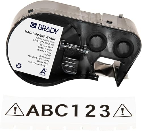 Brady Authentic (M4C-1000-595-WT-BK) All-Weather Vinyl Labels 1 in W x 25ft Black on White. for use with BMP41, BMP51, M410, M510, and M511 Label Printers. - Poueer