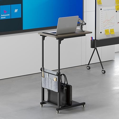Adjustable Height Overbed Table, Sofa Side Bedside C Table with Wheels, Hospital Bed Table Rolling Tray with Storage, Mobile Computer Desk Laptop Table for Home Use with Side Pocket - Poueer