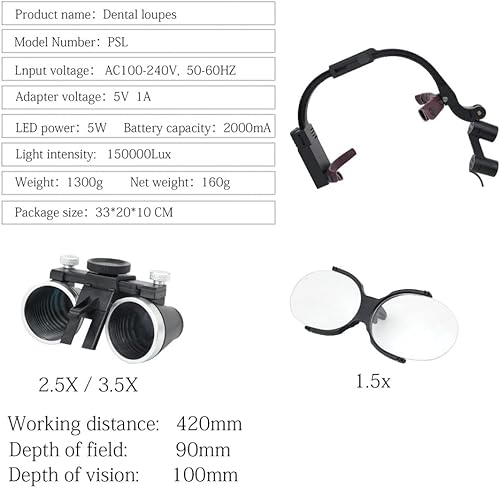 5W Binocular Loupes Glasses Headband Magnifier 2.5X 3.5X Dental Binocular Magnifier LED Head Light Lamp for Magnification Binocular Loupes Dentist Surgical Headlight Lab Equipment (3.5X) - Poueer