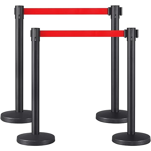 Yaheetech 4-Pack Stanchion Post Rope Barriers - Heavy Duty Black Crowd Control Stanchions 36-Inch Height with 6.5 Feet Red Retractable Belt Easy Connect Assembly - Poueer