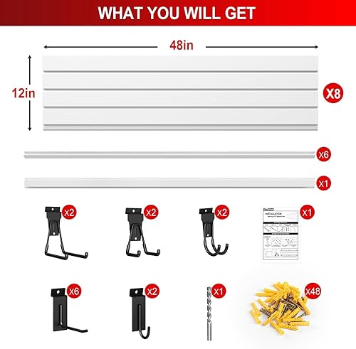 4'H x 4'W Slatwall Panel Garage Wall Organizer with Hooks, Heavy Duty Slat Wall Paneling Sheets, Interlocking PVC Panels, Garage Slatwall for Tool Organization Mounted Storage Systems - Poueer