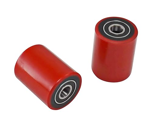 Pallet Jack/Truck Full Set with Axles, Steering Wheels 7'x 2' Pair with Front Load Roller 3' x 3.75' Pair with Bearings ID 20mm Poly Tread Red with Entry Exit Roller and Protective Caps - Poueer