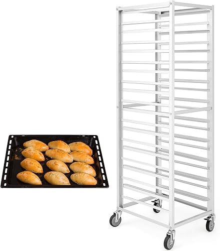 Jinei 20 Tier Aluminum Sheet Pan Rack, Commercial Bakery Rack with Wheels Baking Rack Bun Rack Pizza Pan Rack for Kitchen, Restaurant, Cafeteria, Hotel, Home, 25'' L X19'' W X70'' H - Poueer