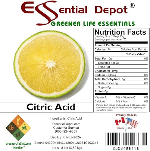 Essential Depot Citric Acid - 8 lbs Shipped in Square Safety Sealed PP Pail with a resealable lid and Removable Handle. - Poueer