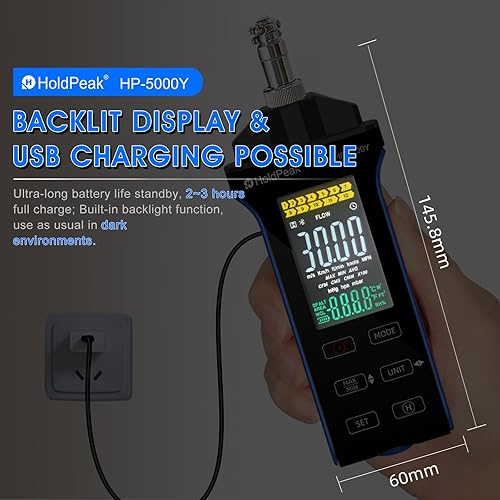 HOLDPEAK Professional Hot-Wire Anemometer, High-Precision Digital CFM/CMM Air Velocity Meter Wind Speed Gauge, HVAC Wind Temperature Tester with Telescopic Probe, Backlit LCD, USB Data Export - Poueer
