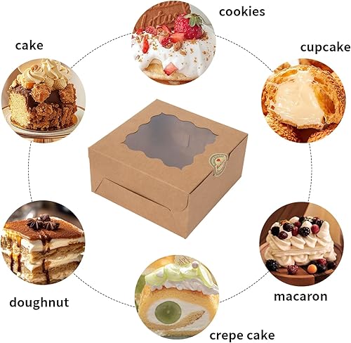 100 pcs 6x6x3 Inches Small Cake Box with Window, Bakery Pastry Cookie Boxes, Mini Pie for Pastry,Dessert,Strawberries,Chocolates, Cupcakes with paper stickers (Brown) - Poueer