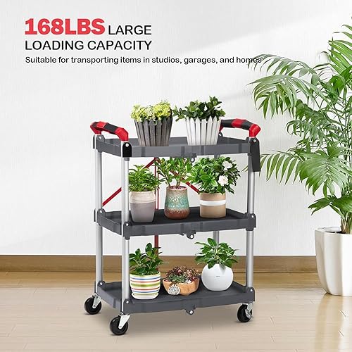 Foldable Utility Carts, 3-Tier Service Cart with Lockable Universal Wheels, Holds Folding Rolling Cart with Fixed Rope for Home, Office Garage and Warehouse No Assembly Require - Poueer