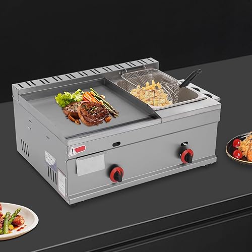Gas Griddle, 6L/1.59Gal Stainless Steel Griddle & Deep Fryer Combo Gas Deep Fryer Gas Grill Griddle with Oil Draining Basket, Lid & 3 Spice Boxes, Commercial Griddle with Fryer for RV, Camping - Poueer