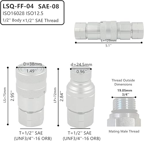 1/2'' NPT Flat Face Hydraulic Quick Connect Coupling Set Skid Steer Loader Quick Disconnect Coupler with Dust Caps ISO12.5 - Poueer