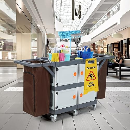 Commercial Janitorial Cart with 4 Cabinet, Hotel Cart Housekeeping Room Service Cart Hand Push Utility Cart with Wheels, Cleaning Cart with Wheels and Large Capacity Vinyl Bag, Housekeeping Carts - Poueer