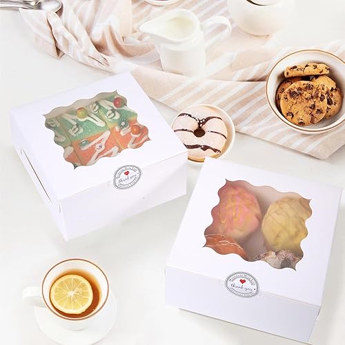 100 pcs 6x6x3 Inches Small Cake Box with Window, Bakery Pastry Cookie Boxes, Mini Pie for Pastry,Dessert,Strawberries,Chocolates, Cupcakes with paper stickers (Brown) - Poueer