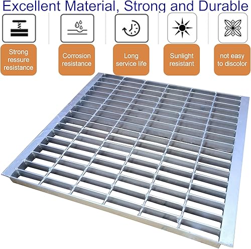 Galvanized Steel Drain Grate with Base, 16x16 Outdoor Drain Cover and Frame, B Class Sewer Grate with Lip, Durable Heavy Duty Channel Grate, Sliver Square Drainage Grate Driveway - Poueer
