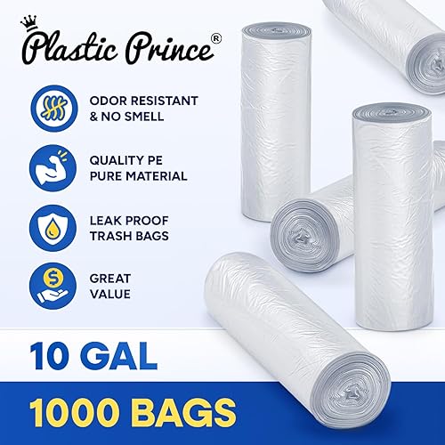 PLASTIC PRINCE) 7-10 Gallon Trash Bags, Small Office Trash Bags, 8 Mic Wastebasket Liners, 24' x 24' Clear Garbage Bags for Office Trash Cans Kitchen Bathroom, Pack of 1000 - Poueer