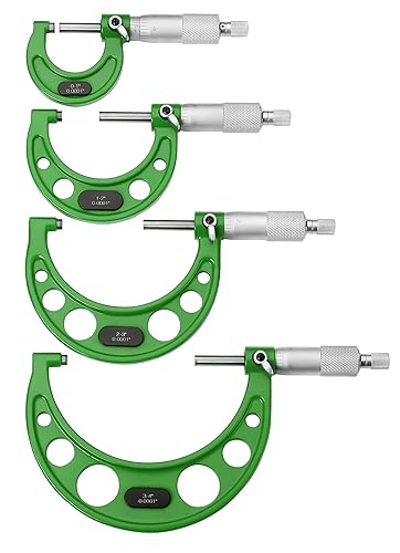 Premium Outside Micrometer Set 0-4' / 0.0001' (0-1'/1-2'/2-3'/3-4') Precision Machinist Tools w/Carbide Tips, Standards, Ratchet Stop, Green - Poueer