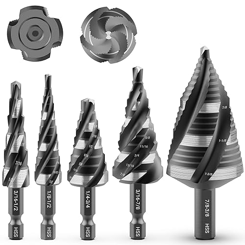 MABLEVI 5 Pcs Four Spiral Flute Step Drill Bit Set, 1/8'-1-3/8' HSS Unibit Step Drill Bit, 1/4' and 3/8' Shank Step Bit for Metal, Stainless Steel, Aluminum, Wood, Plastic - Poueer