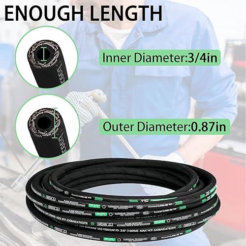Haichy 1/4 in x 50 ft Hydraulic Hose, 5800 PSI, Black, Rubber, Hydraulic Hose, 1 each - Poueer