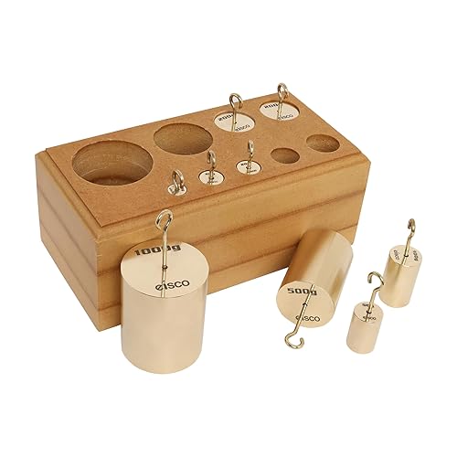 Eisco Labs Hooked Brass Weights, Set of 9 Weights, 10-1000g in Wooden Block - Poueer