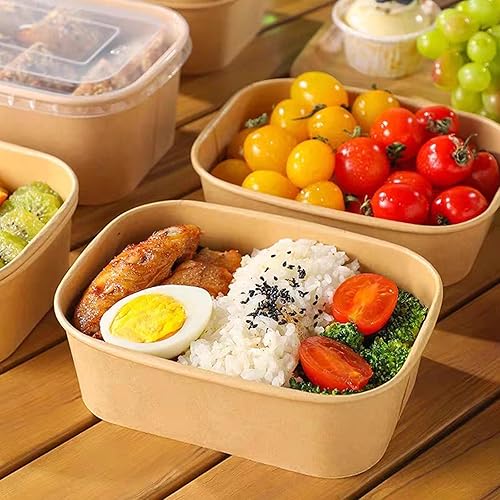 Paper Food Containers with Lids [50 pack] 35 oz Kraft Paper Meal Prep Containers with Lids, Microwavable and Freezer Storage Use Cardboard Food Containers, Disposable Take Out Containers - Poueer