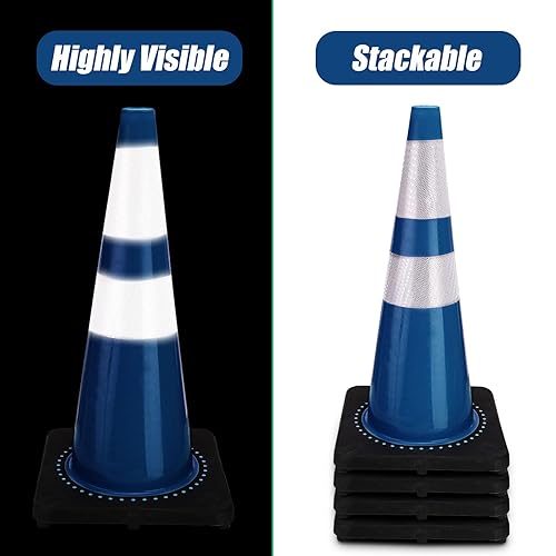 6 Pack Traffic Safety Cones Plastic PVC Blue Traffic Cones with Black Base and Reflective Collars for Street Hazards, Training, Road Construction, Parking Lot (18 Inch) - Poueer