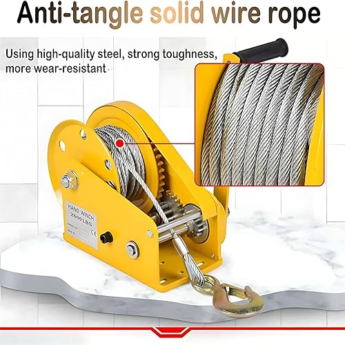 Heavy Duty Hand Winch,Two-Way Self-Locking Device Small Manual Winch,Hand Winch for Boat Trailer with Automatic Brake,Easy to Use and Control ,2600lbs,Bare Metal - Poueer