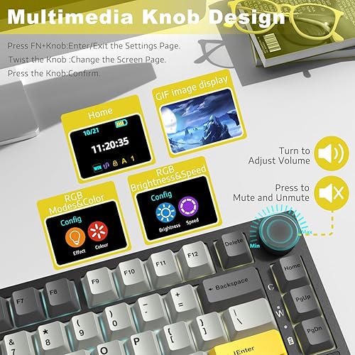 ATTACK SHARK X820ULTRA Wireless Gaming Mechanical Keyboard with TFT Smart Display&Knob,Side Printed PBT,Gasket Mounted 75% TKL Keyboard,BT5.0/2.4GHz/USB-C,RGB Backlit（White Contour,Shark Switch - Poueer