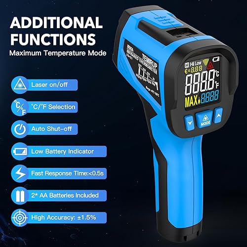 Infrared Thermometer Temperature Gun - TEMIRUP Non-Contact Digital Laser Thermometer Temp Gun with Thermocouple Probe for Industrial, Cooking, Griddle, Engine, HVAC, Adjustable Emissivity,-40℉~1202℉ - Poueer