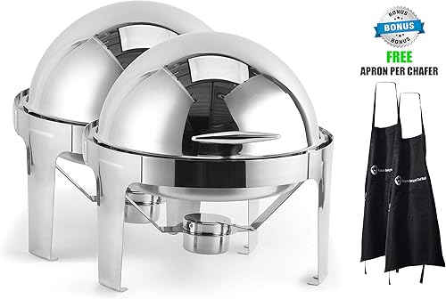 2 Pack 6 QT Round Roll Top Chafing Dish Chafer, Stainless Steel, Each Set Includes Food Pan, Water Pan, Fuel Holder, and Apron- Durable, shiny silver, keeps food warm in catered events - Poueer