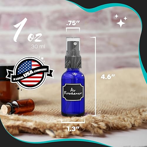 Nevlers 48 Pack Blue 1 Oz Glass Spray Bottle | The Blue Misting Glass Bottles Includes Sprayers, a Funnel & Brush with Bonus Labels to Easily Identify its Contents - Poueer