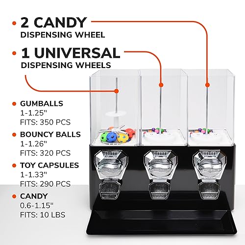 Vending Machine - Commercial Gumball and Candy Machine with Stand - Black Triple Vending Machine with Interchangeable Canisters - Coin Operated Candy Dispenser and Gumball Machine - Vending Dispenser - Poueer