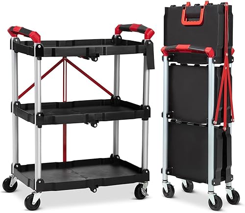 Foldable Utility Carts, 3-Tier Service Cart with Lockable Universal Wheels, Holds Folding Rolling Cart with Fixed Rope for Home, Office Garage and Warehouse No Assembly Require - Poueer