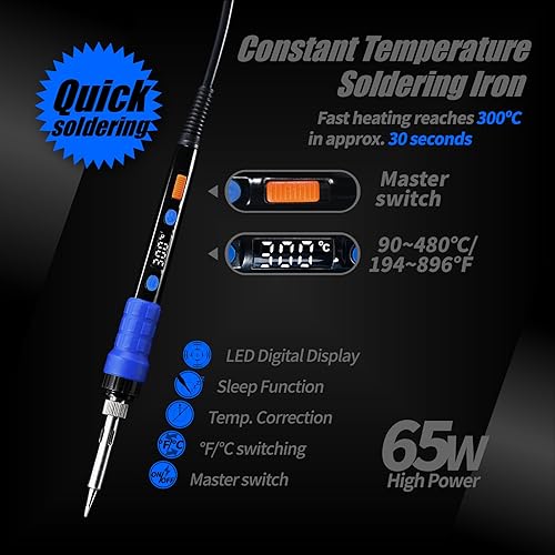YIHUA 928D-III Soldering Iron,110W High Power, Fully Digital Display °F /°C- Temperature Control Soldering Tool, Accurate 194~896°F, with ON/OFF Switch, Iron Tip, Brass Wool, Automatic Sleep Mode - Poueer