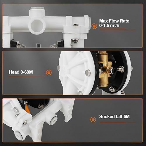 Air-Operated Double Diaphragm Pump, 1/2 in Inlet & Outlet, QBK-15, 12 GPM & Max 120PSI, PTFE Diaphragm Pneumatic Transfer Pump for Petroleum, Diesel, Grease & Low Viscosity Fluids - Poueer