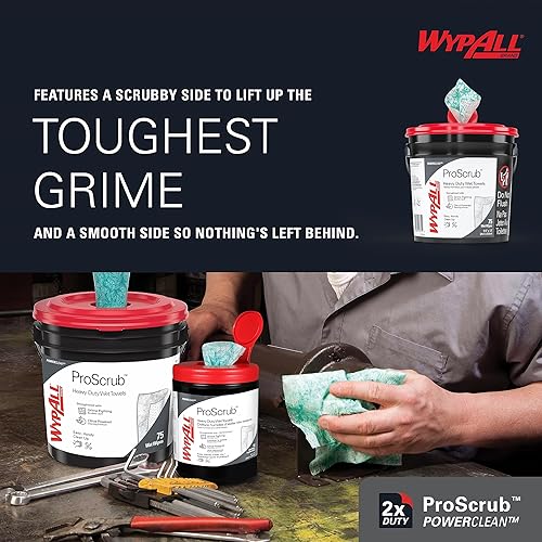 WypAll PowerClean ProScrub Heavy Duty Wet Towels (91371), Dual Action Cleaning, Large 9.5' x 12' Wipes, Bucket Included (6 Containers of 75 Sheets, 450 Sheet Total) - Poueer