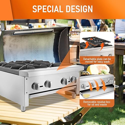 4 Burners Gas Stove, Propane and Natural Gas Commercial Hot Plate, 24' Stainless Steel Wok Countertop Commercial Range, Outdoor Cooker, Restaurant Equipment Gas Stove Burner - Poueer