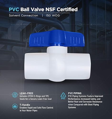 Midline Valve 487T400 PVC Ball Valve; Blue T-Handle for Potable Water; 4 in. Solvent Connections; White Plastic - Poueer
