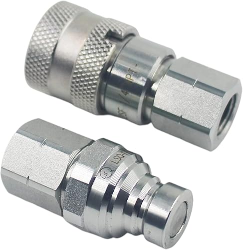1/2'' NPT Flat Face Hydraulic Quick Connect Coupling Set Skid Steer Loader Quick Disconnect Coupler with Dust Caps ISO12.5 - Poueer
